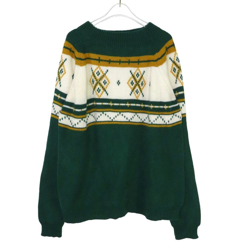 MG 1980s Vintage Sweater Green & Yellow Argyle Knit Sweater Large Crewneck
